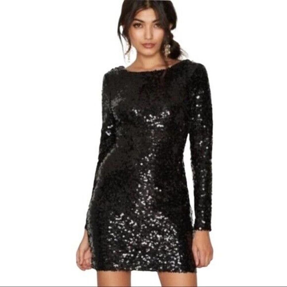 New Silence + Noise Black Sequin Plunge Back Mini Dress Medium